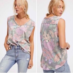 Free People High Low Gardenia  Floral Print Scoop Neck Top